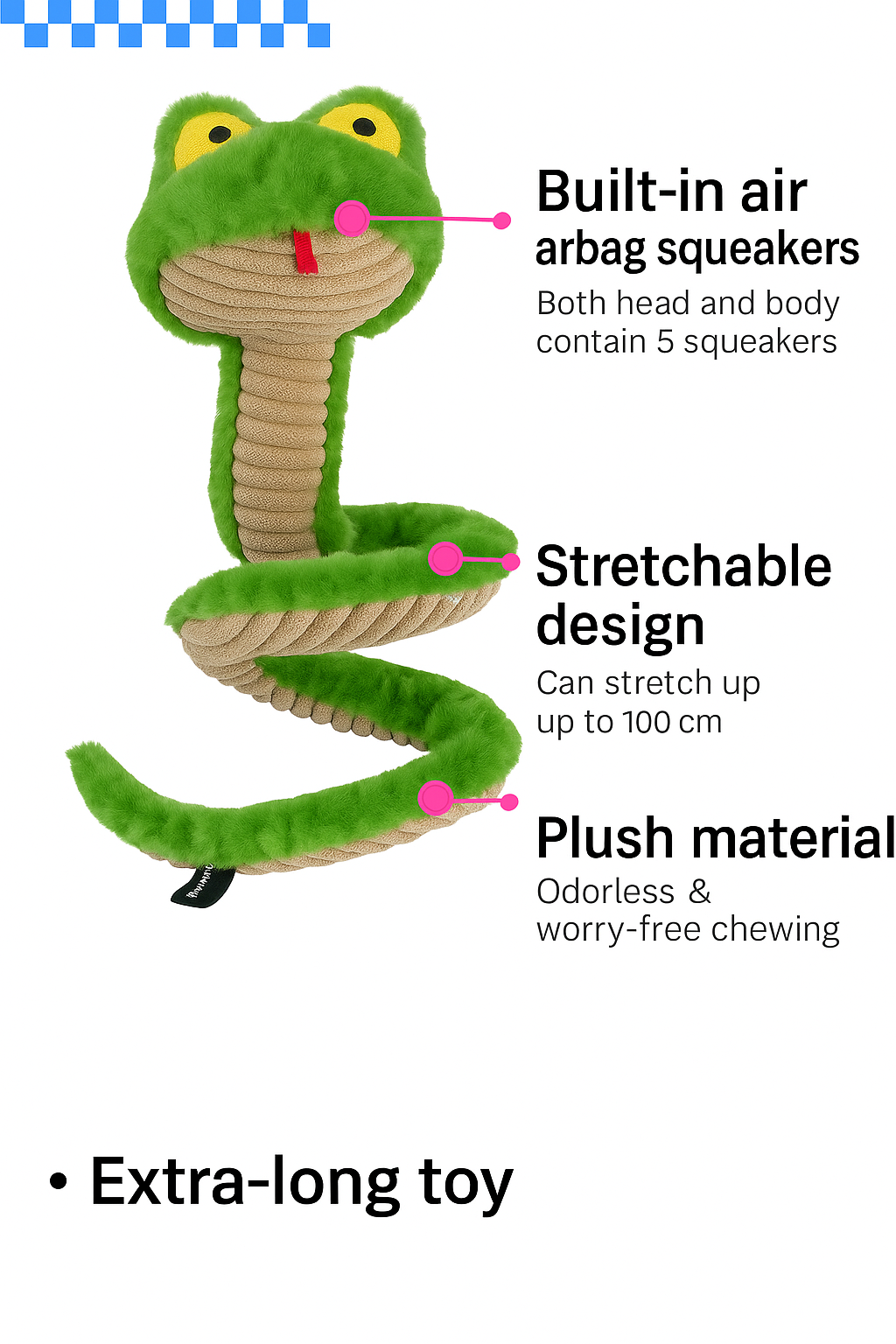 Snake Plush Dog Toy – Stretch, Squeak & Play